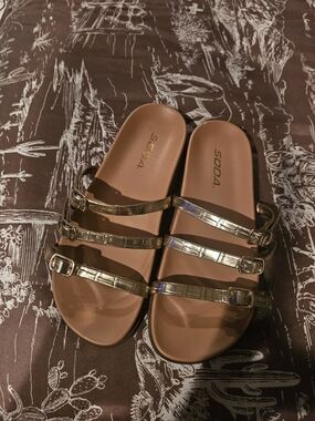 Soda Metallic Gold Triple-Strap Slide Sandals